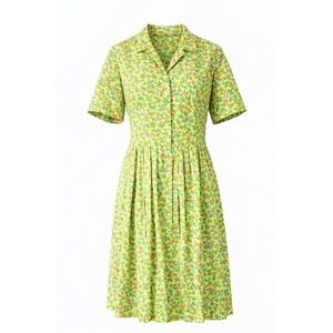 Vintage Jane Bradley Lime Green Floral Button Front Pleated Dress Short Slv